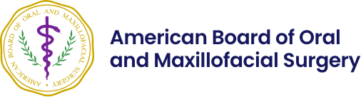 Logo of the American Board of Oral and Maxillofacial Surgery with a purple caduceus and green laurel branches inside a gold circular border, alongside the board name in dark blue text.