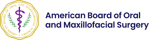 Logo of the American Board of Oral and Maxillofacial Surgery with a purple caduceus and green laurel branches inside a gold circular border, alongside the board name in dark blue text.