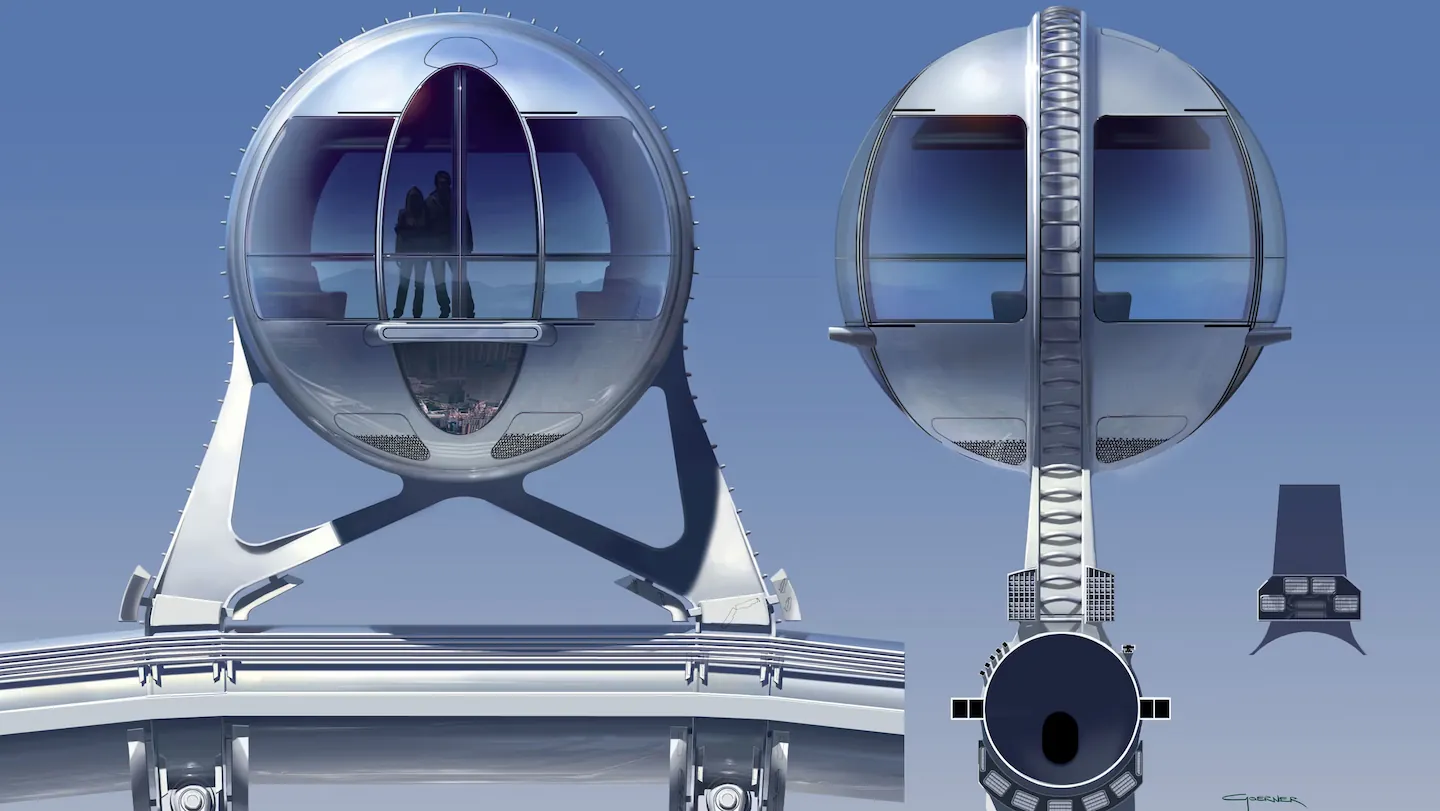 Two futuristic spherical cabins on an elevated track against a clear blue sky, one with people inside.