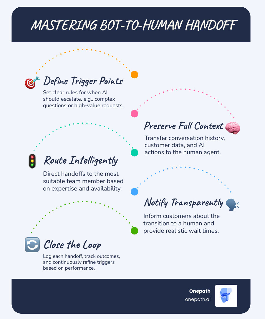 Infographic showing the human handoff lifecycle: AI detects trigger point, preserves conversation context, routes to available human agent, notifies customer of transition, human reviews full history and continues conversation, outcome logged for continuous improvement - human handoff infographic infographic-line-5-steps-blues-accent_colors