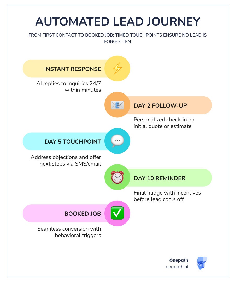 infographic showing the automated lead journey from first contact through estimate follow-ups to booked job, with timing for each touchpoint and conversion rates at each stage - lead nurturing for contractors ai infographic infographic-line-5-steps-colors