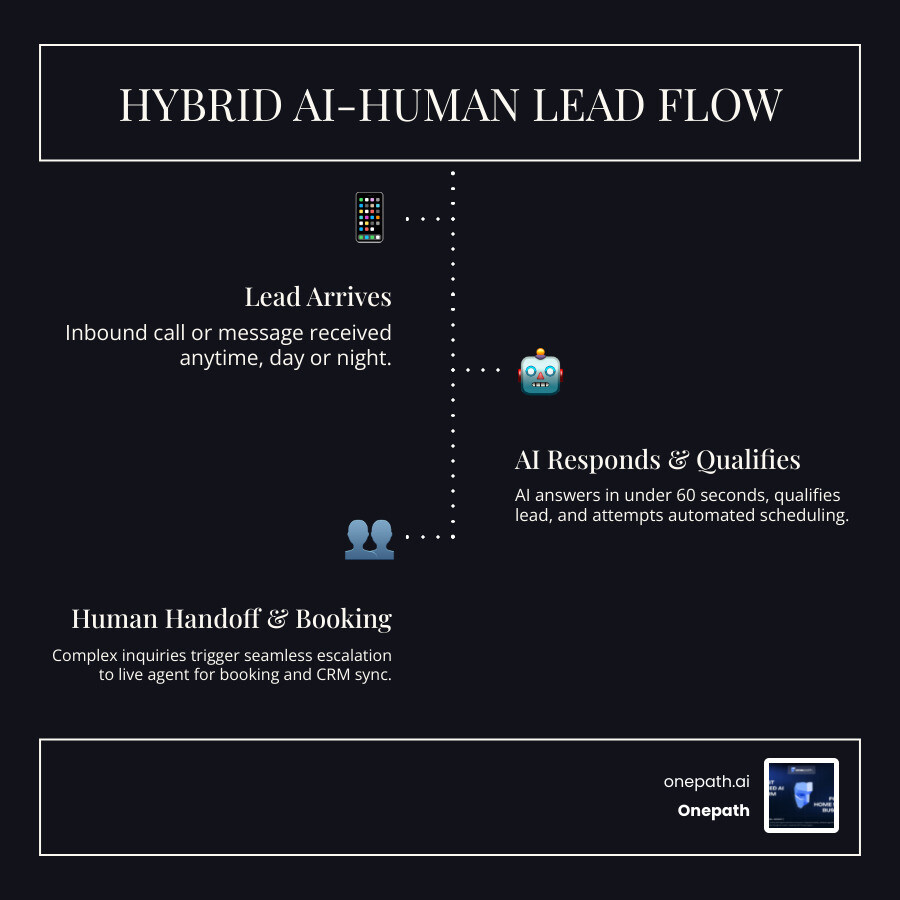 Hybrid AI-human lead flow infographic: lead arrives → AI responds in 60s → qualifies and schedules → complex inquiry