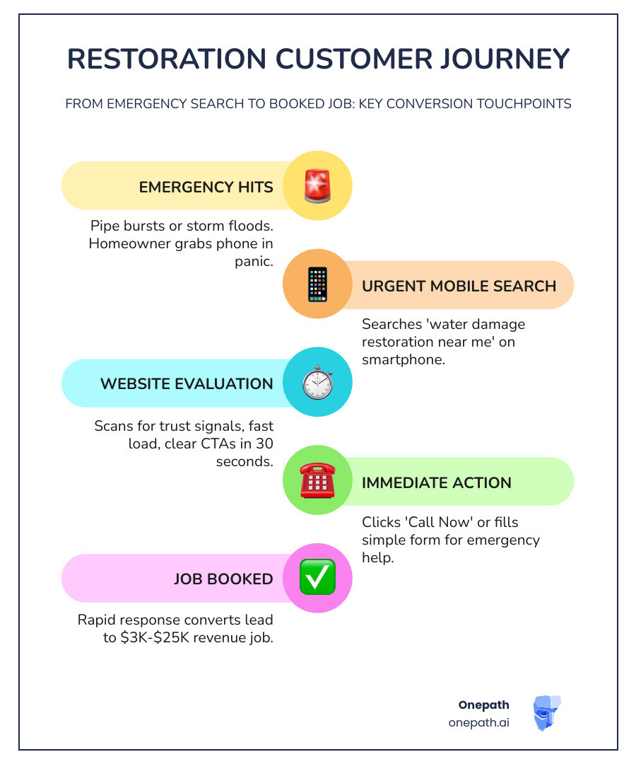 Restoration customer journey infographic: Emergency search to phone call to booked job, showing key conversion touchpoints Restoration customer journey infographic: Emergency search to phone call to booked job, showing key conversion touchpoints