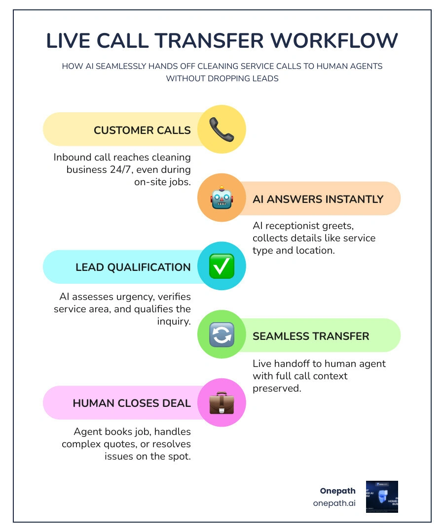 Infographic showing live call transfer workflow: customer calls, AI answers, qualifies lead, transfers to human agent with Infographic showing live call transfer workflow: customer calls, AI answers, qualifies lead, transfers to human agent with