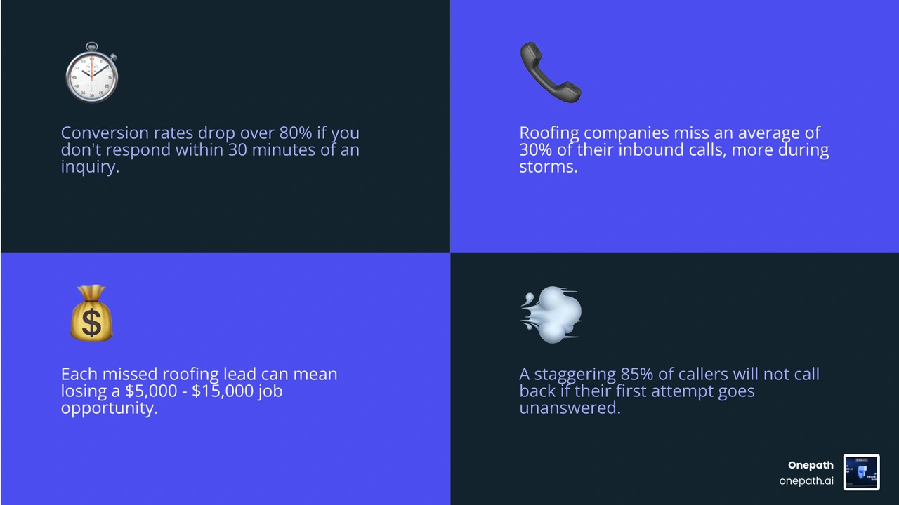 Infographic showing the 5-minute lead response window, miss rates by channel, and revenue impact for roofing companies Infographic showing the 5-minute lead response window, miss rates by channel, and revenue impact for roofing companies