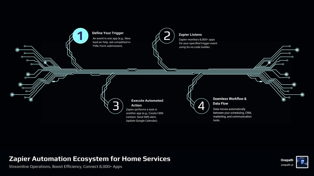 Infographic showing Zapier automation ecosystem for home services: triggers like new job or new lead connecting to actions Infographic showing Zapier automation ecosystem for home services: triggers like new job or new lead connecting to actions
