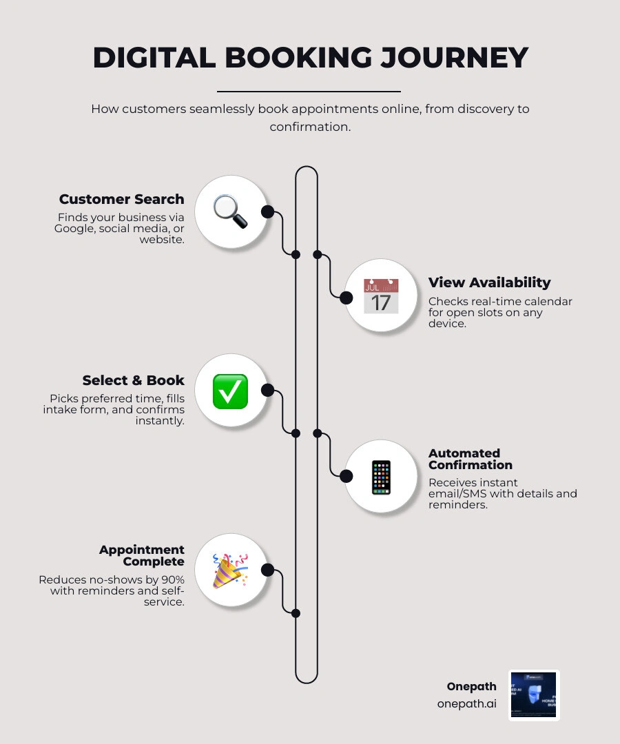 Digital booking journey infographic for small service businesses showing steps from customer search to confirmed appointment