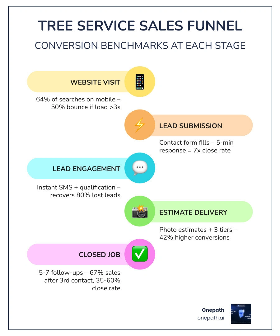 Tree service sales funnel infographic showing stages from website visit to closed job with conversion benchmarks at each