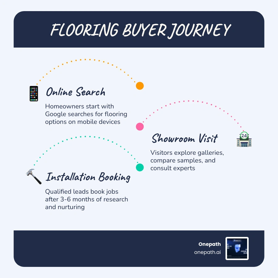 Infographic showing the flooring buyer journey from online search to showroom visit to installation booking - increase