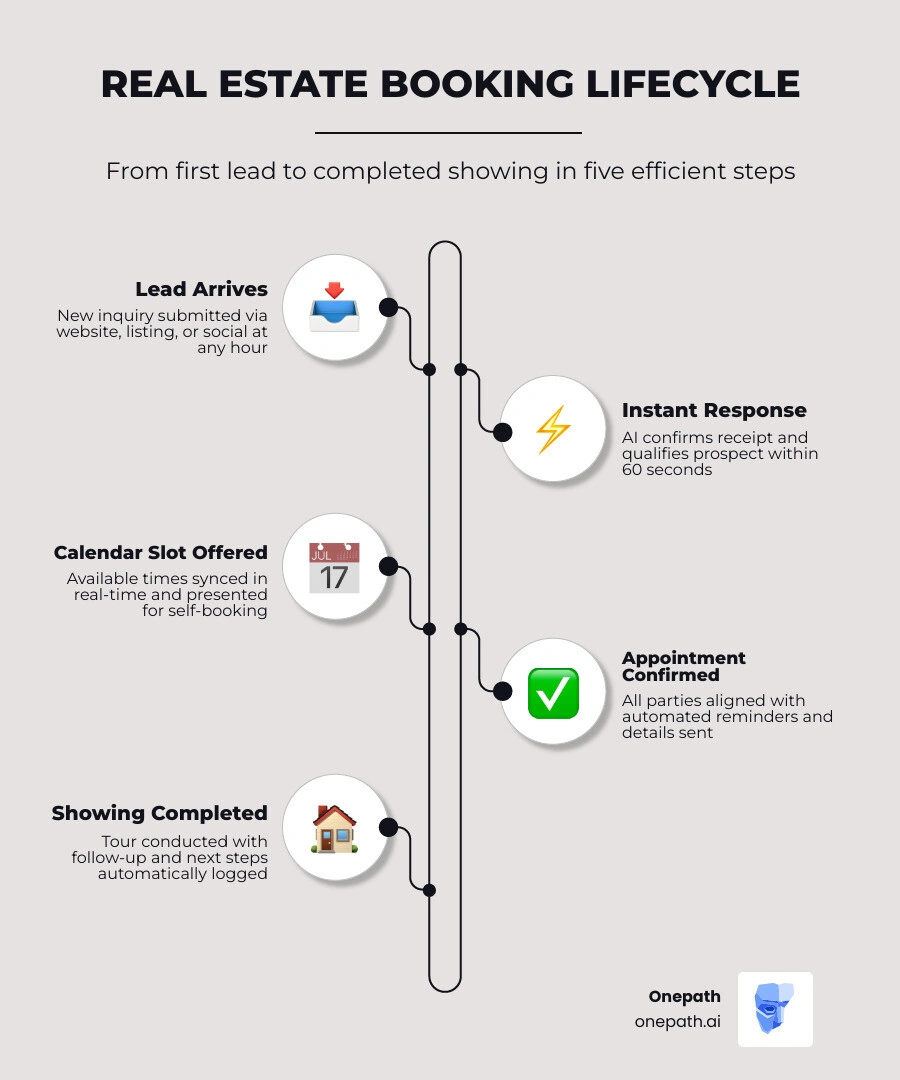 Real estate booking lifecycle infographic: lead arrives, instant response, qualification questions, calendar slot offered