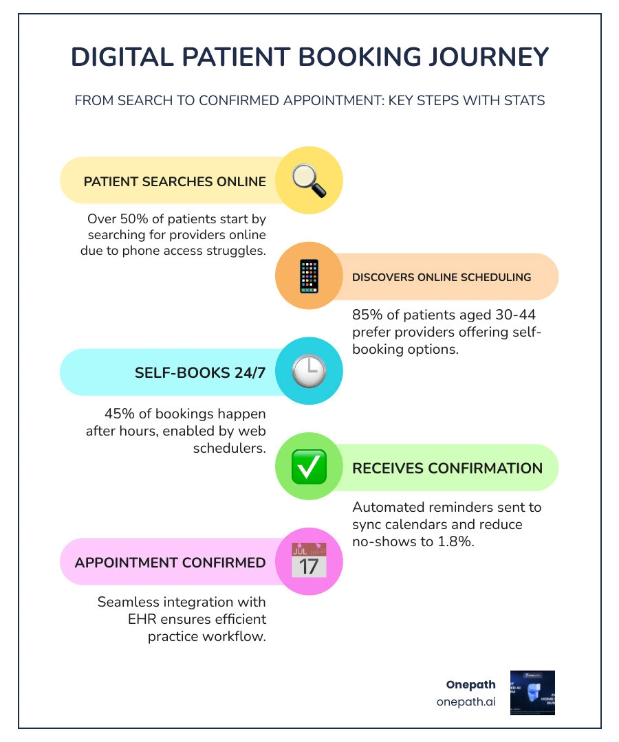 Infographic: The digital patient booking journey from search to confirmed appointment, showing key steps and stats