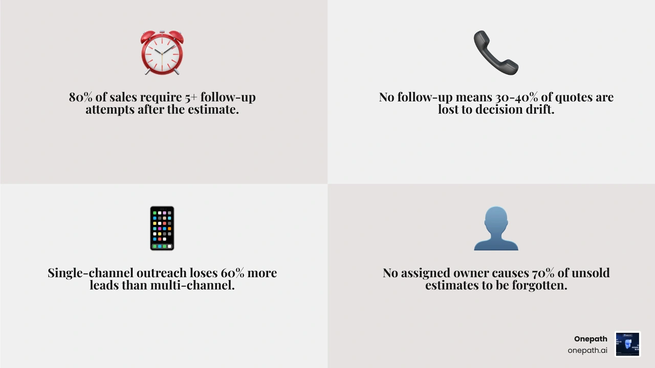 Infographic showing how unsold estimates slip through the cracks: no follow-up, slow response, single channel outreach, and Infographic showing how unsold estimates slip through the cracks: no follow-up, slow response, single channel outreach, and