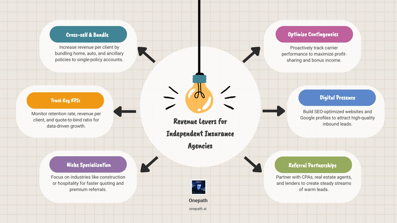 Revenue levers for independent insurance agencies: cross-sell, retention, KPIs, niching, digital presence, contingencies