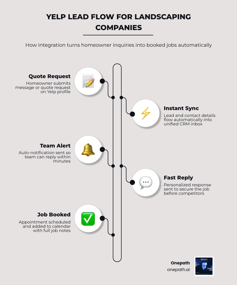 Infographic showing Yelp lead flow for landscaping companies: homeowner submits quote request on Yelp, lead syncs to CRM Infographic showing Yelp lead flow for landscaping companies: homeowner submits quote request on Yelp, lead syncs to CRM