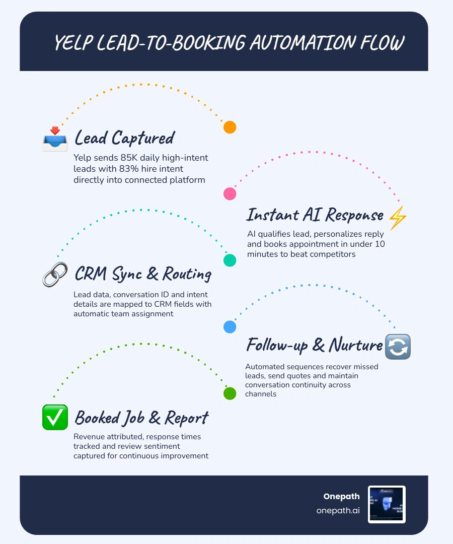 Yelp lead-to-booking automation flow infographic showing triggers, AI response, CRM sync, and booking steps infographic