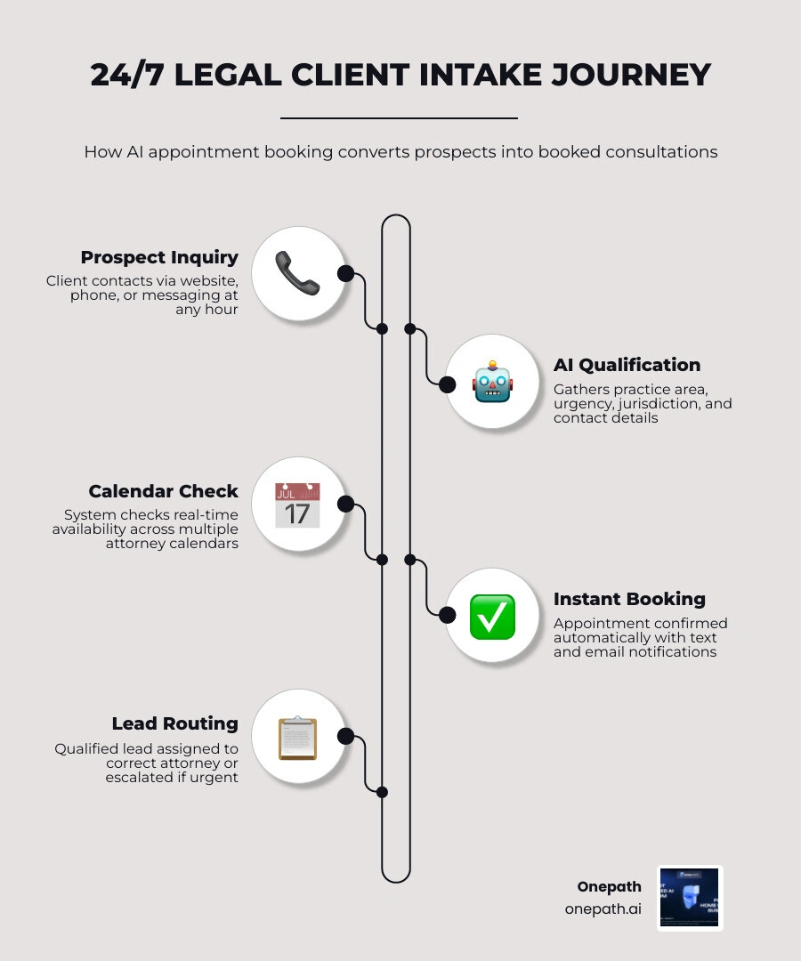 Infographic showing the 24/7 legal client intake journey: prospect inquiry → AI qualification → real-time calendar booking → Infographic showing the 24/7 legal client intake journey: prospect inquiry → AI qualification → real-time calendar booking →