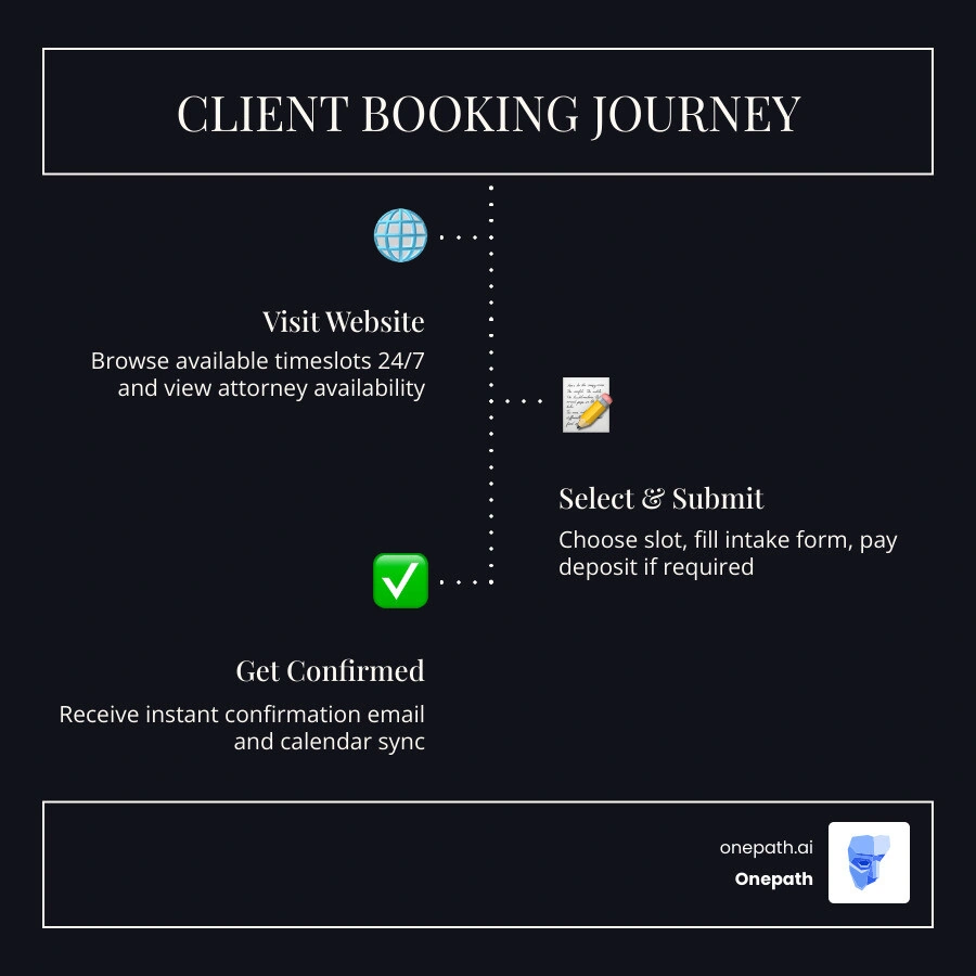 Infographic showing the client booking journey from website visit to confirmed legal consultation infographic Infographic showing the client booking journey from website visit to confirmed legal consultation infographic