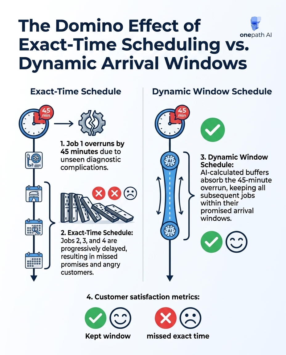The Domino Effect of Exact-Time Scheduling vs. Dynamic Arrival Windows