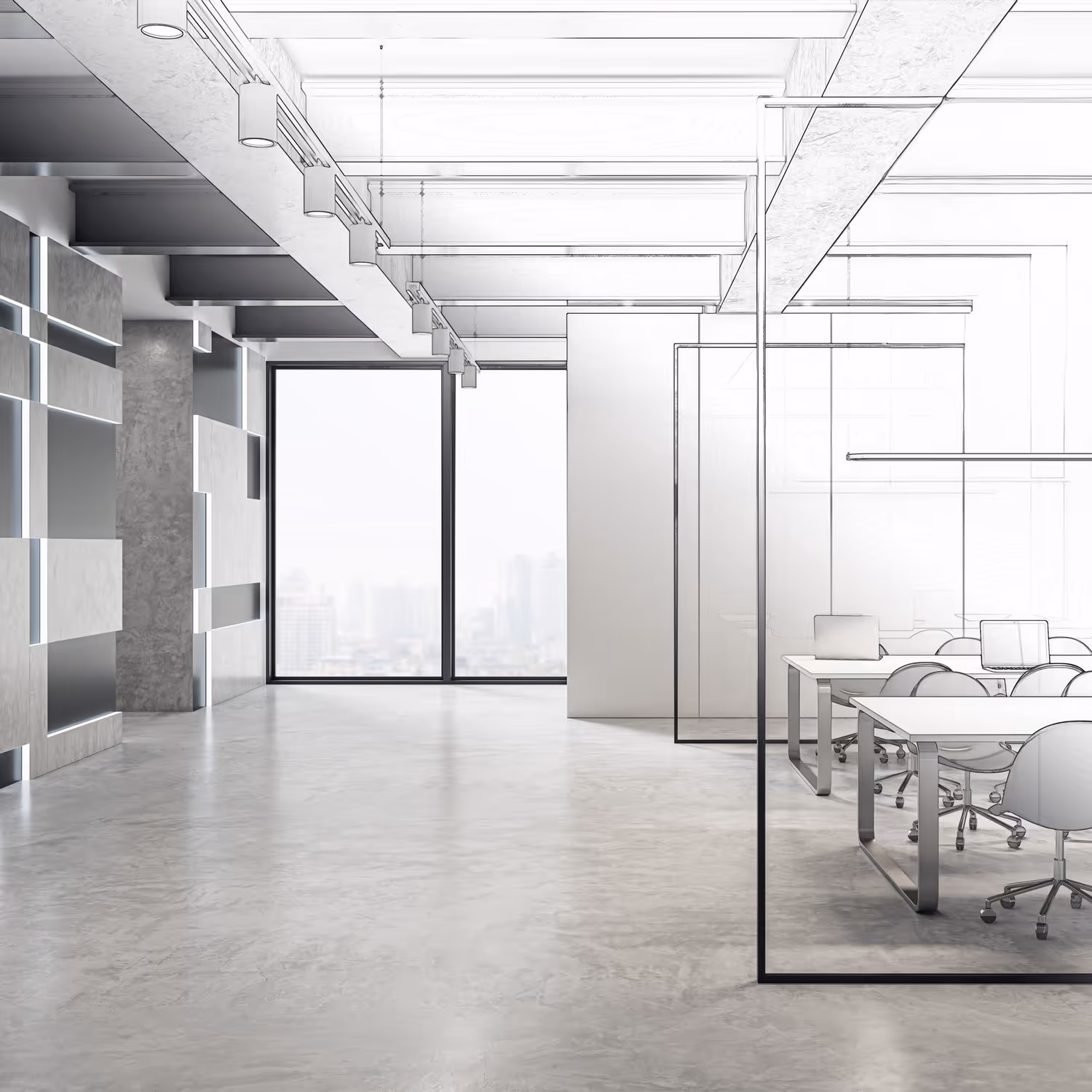 Modern office space with glass-walled meeting rooms, white desks, chairs, and large windows overlooking a cityscape.