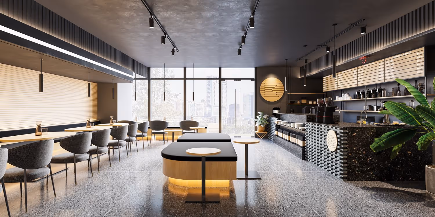 Modern coffee shop interior with black and wood decor, seating along window and counter area with menu board.