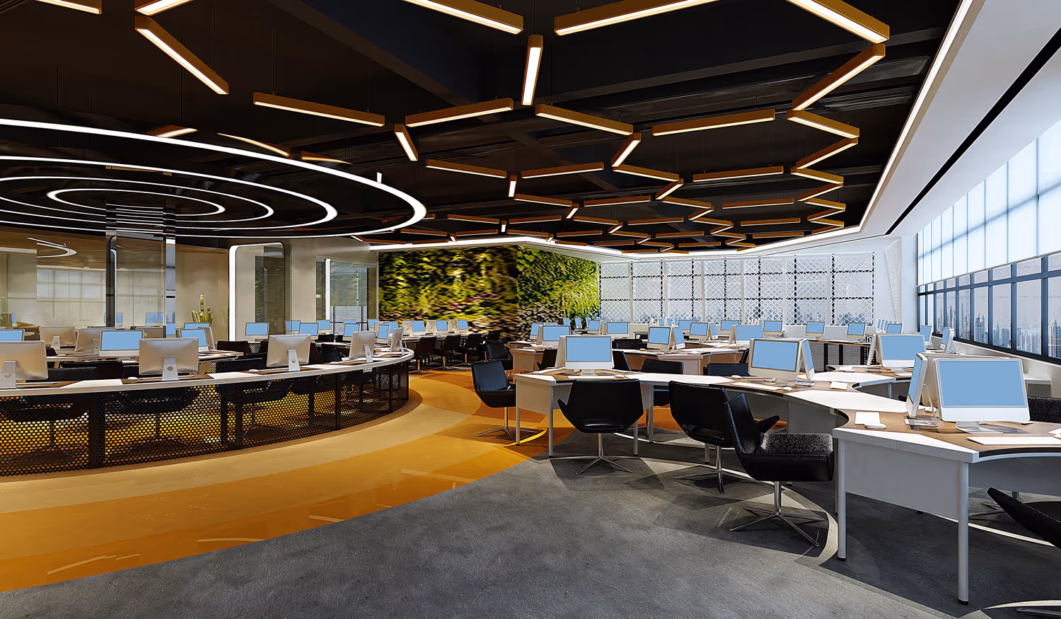Modern open-plan office with curved desks, multiple computer monitors, black chairs, hexagonal ceiling lights, and large windows.