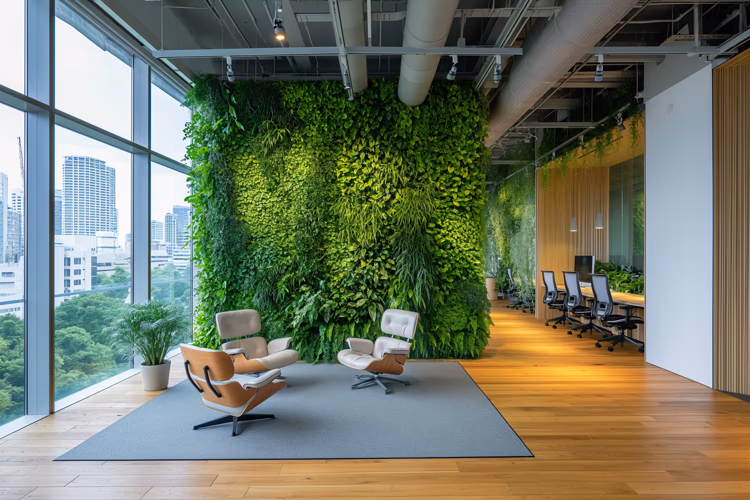 Modern office lounge area with two leather and fabric lounge chairs on a gray rug, a large green living wall, floor-to-ceiling windows with city views, and a row of office chairs at desks in the background.