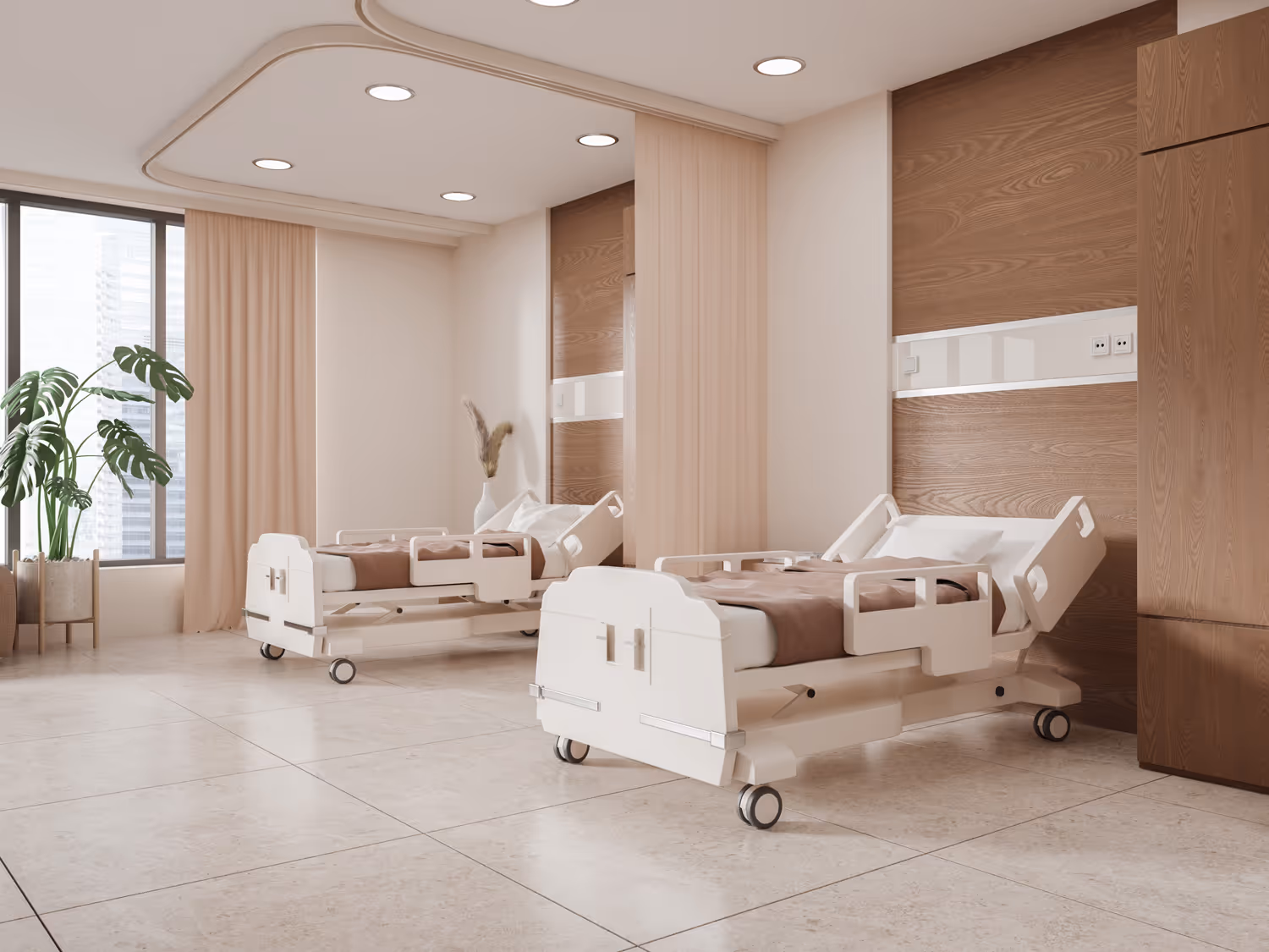Modern hospital room with two adjustable white hospital beds, beige curtains, and a large window with city view.