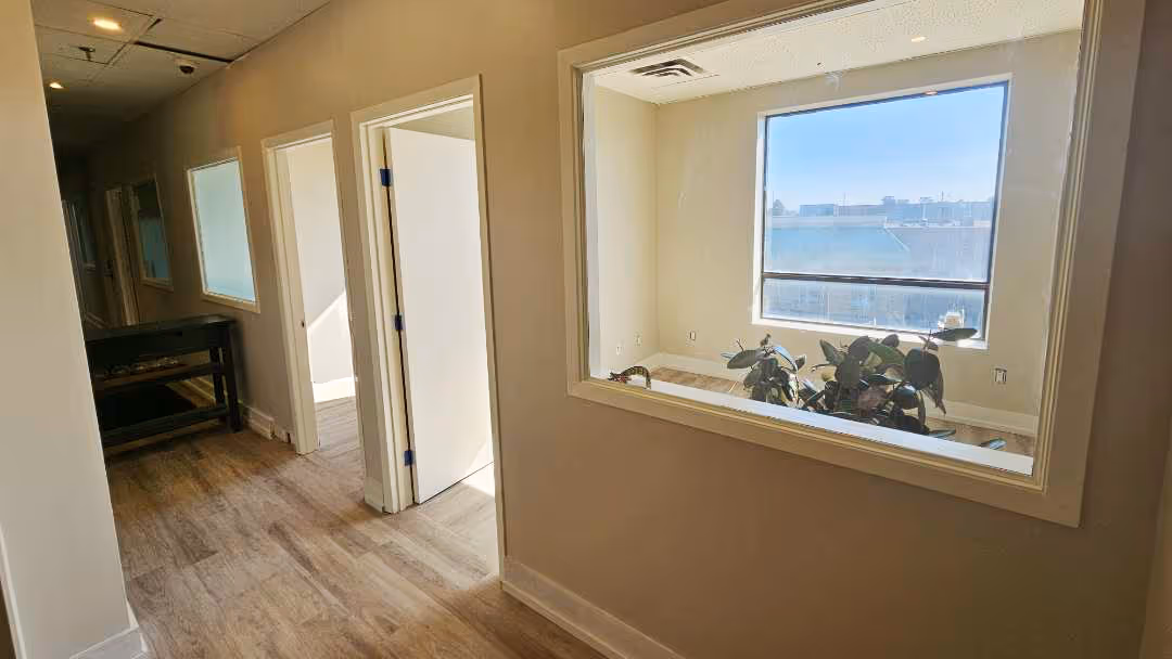 Bright hallway with wood-look flooring, white walls, open door leading to a sunlit room with large window and indoor plants.