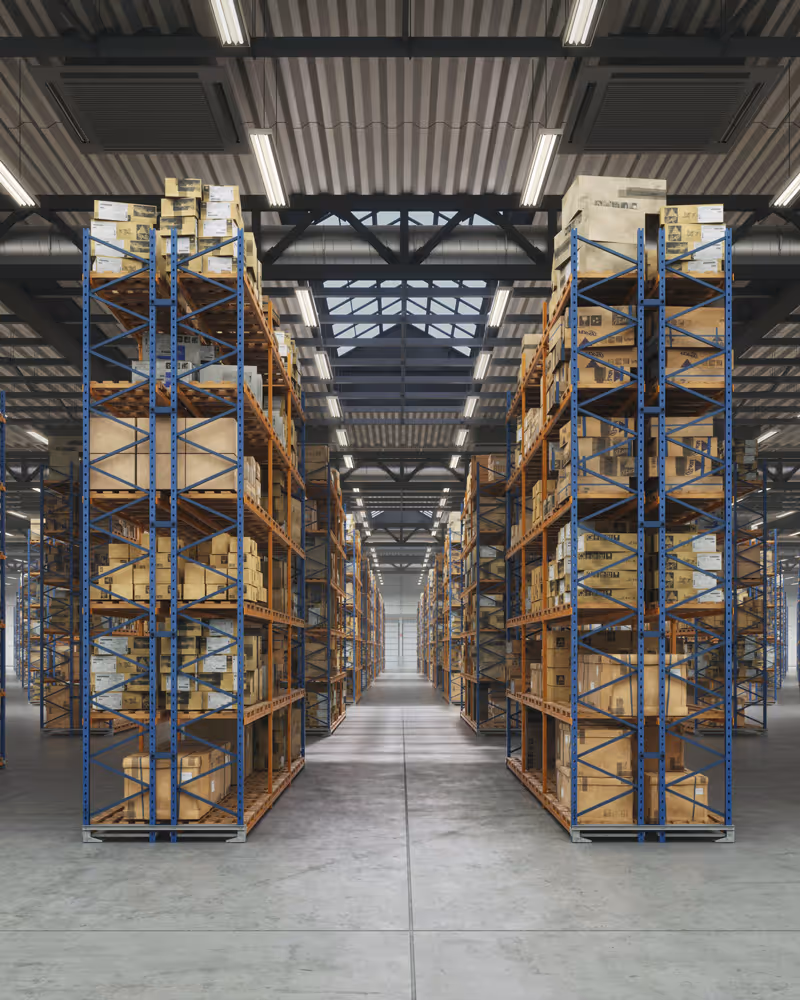 Interior of a large warehouse aisle with tall metal shelves stocked with cardboard boxes.