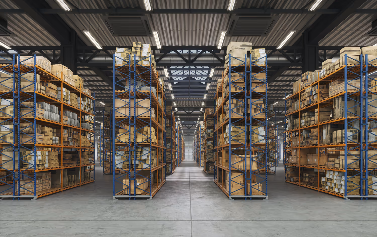 Spacious warehouse interior with tall blue and orange metal shelves stocked with cardboard boxes.