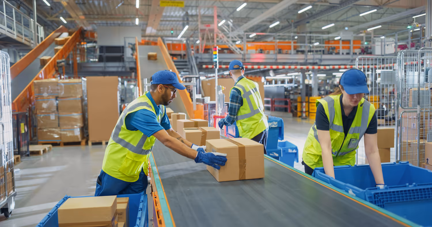 Warehouse workers in safety vests and blue caps sorting cardboard boxes on a conveyor belt.
