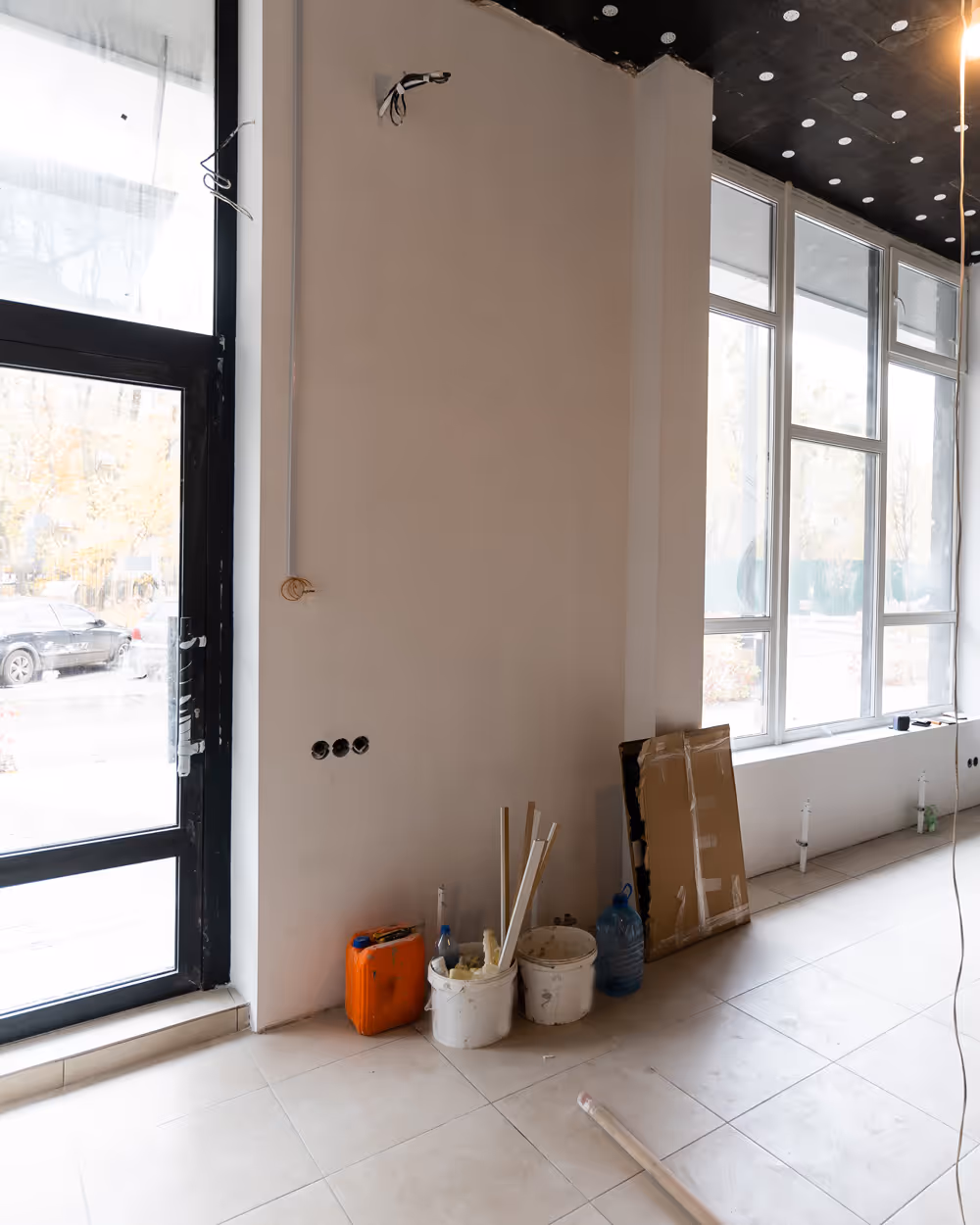 Interior of a room under renovation with white tiled floor, large windows, wall electrical outlets, and construction materials on the floor.