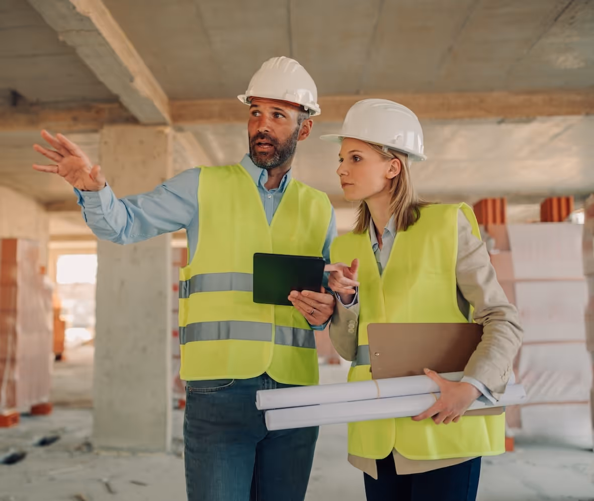Two construction workers wearing hard hats and yellow safety vests reviewing plans in an unfinished building.