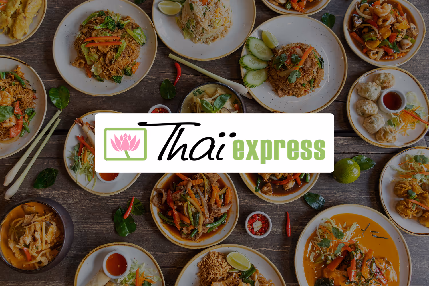 Thai Express logo over a wooden table spread with various Thai dishes including noodles, rice, curry, and vegetables.