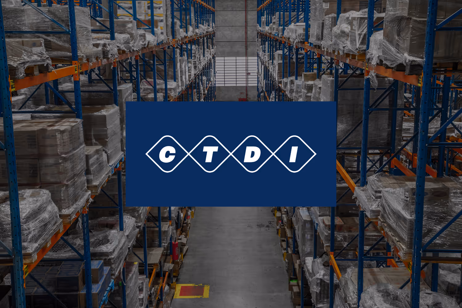Warehouse aisle with tall blue and orange shelving filled with palletized goods wrapped in plastic, and a CTDI logo overlay in the center.
