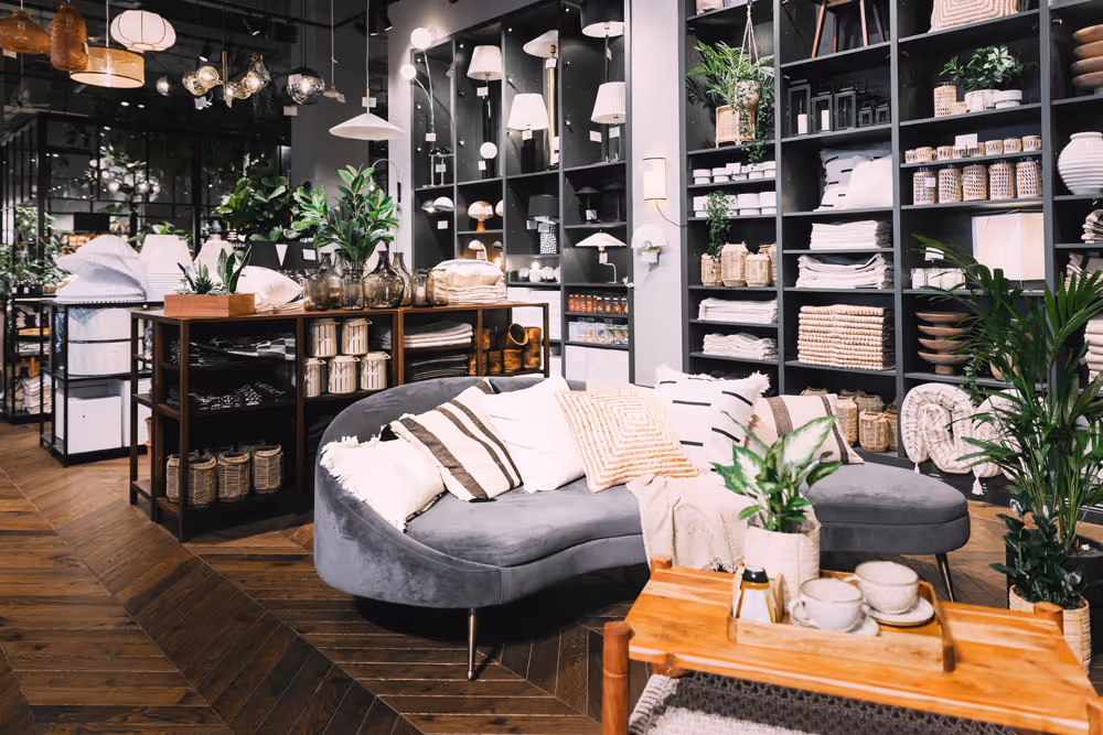 Cozy home goods store interior with a curved gray sofa adorned with pillows, wooden shelves, plants, and various home decor items.