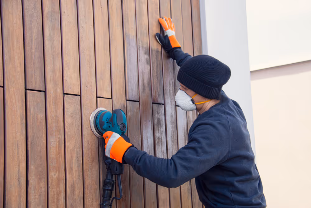 Worker wearing a mask and gloves sanding a wooden exterior wall with an electric sander.