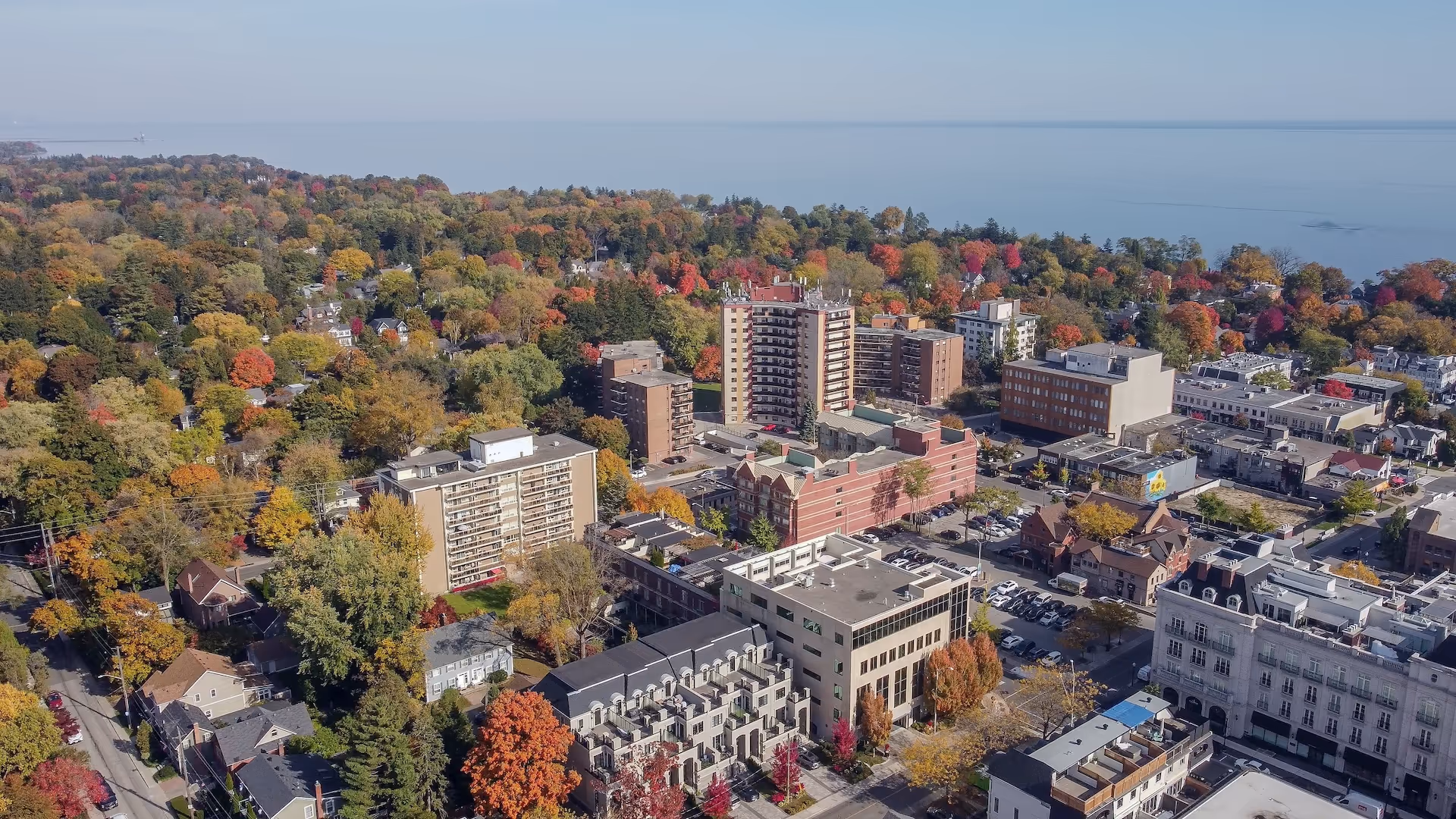 Aerial view of a town in autumn with colorful trees surrounding residential and commercial buildings near a large body of water.