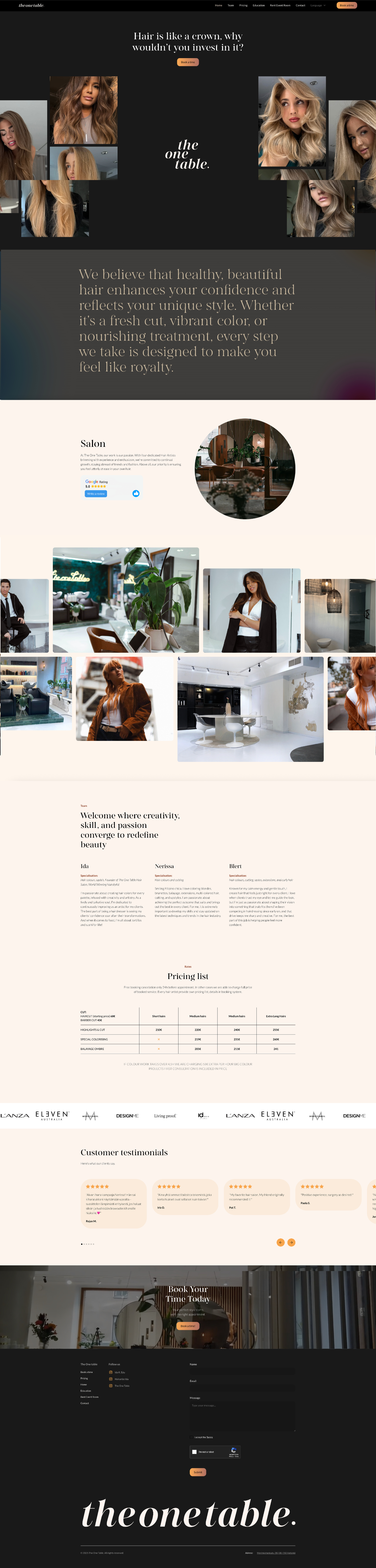 Hair salon website homepage featuring models with styled hair, salon interior photos, service descriptions, pricing list, customer testimonials, and contact form.