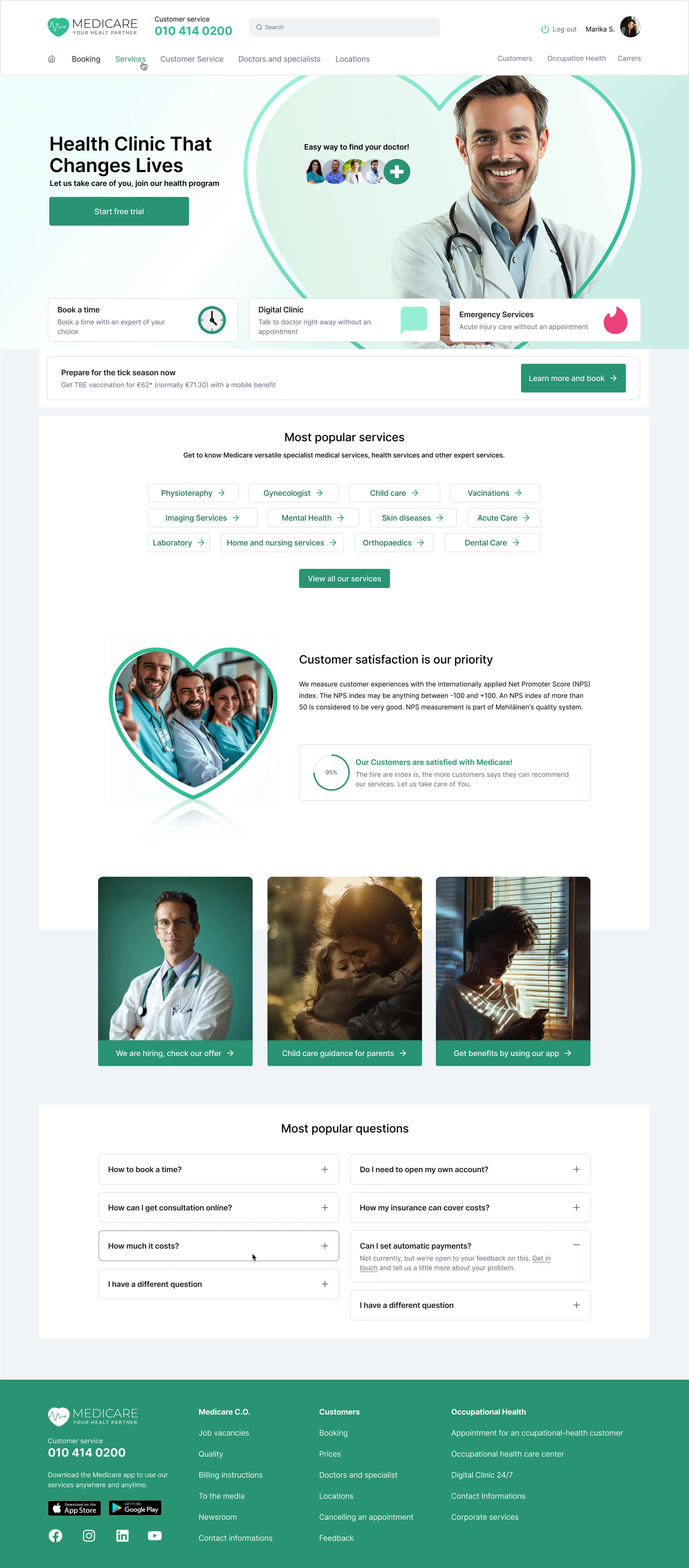 Medicare health service homepage featuring doctor images, service navigation, customer satisfaction info, and contact details.