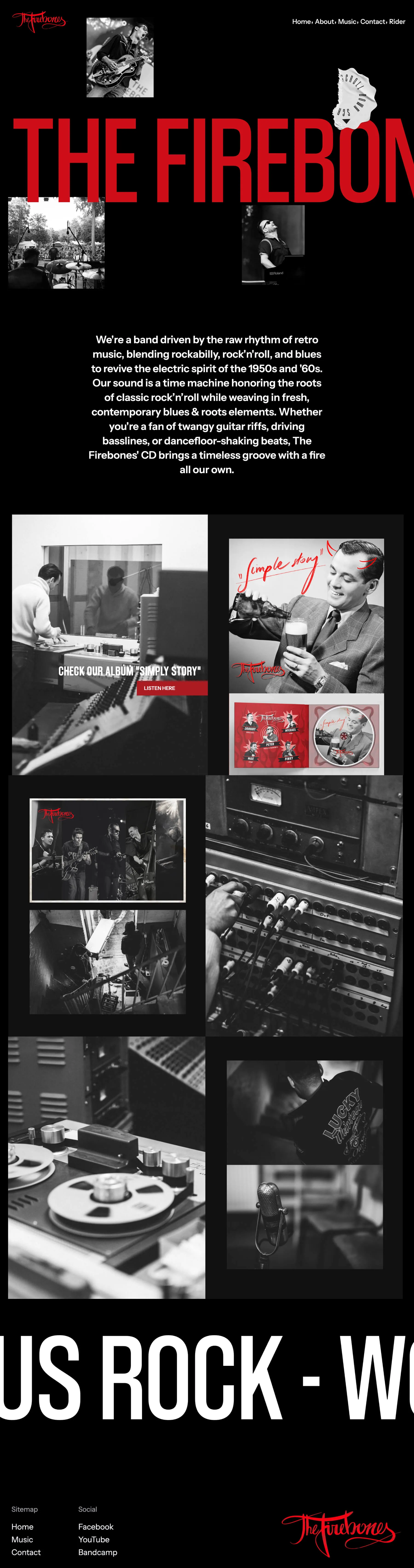 Promotional page for The Firebones band featuring black-and-white photos of musicians, recording equipment, and album artwork with retro design and text about their music style and album 'Simply Story'.