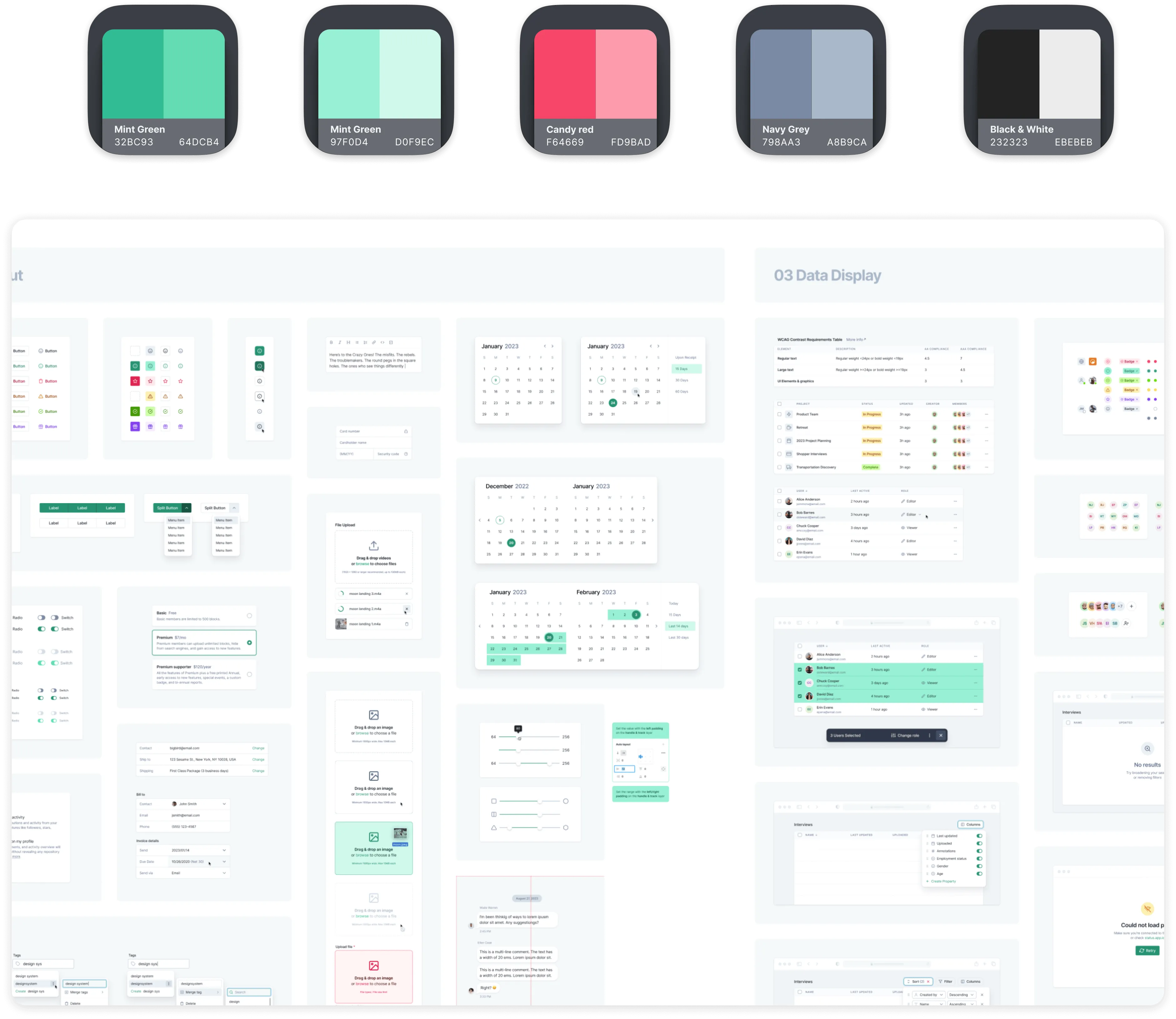 UI design system interface showing color swatches in mint green, candy red, navy grey, black and white, and multiple interface components such as buttons, calendars, tables, sliders, and data display screens.