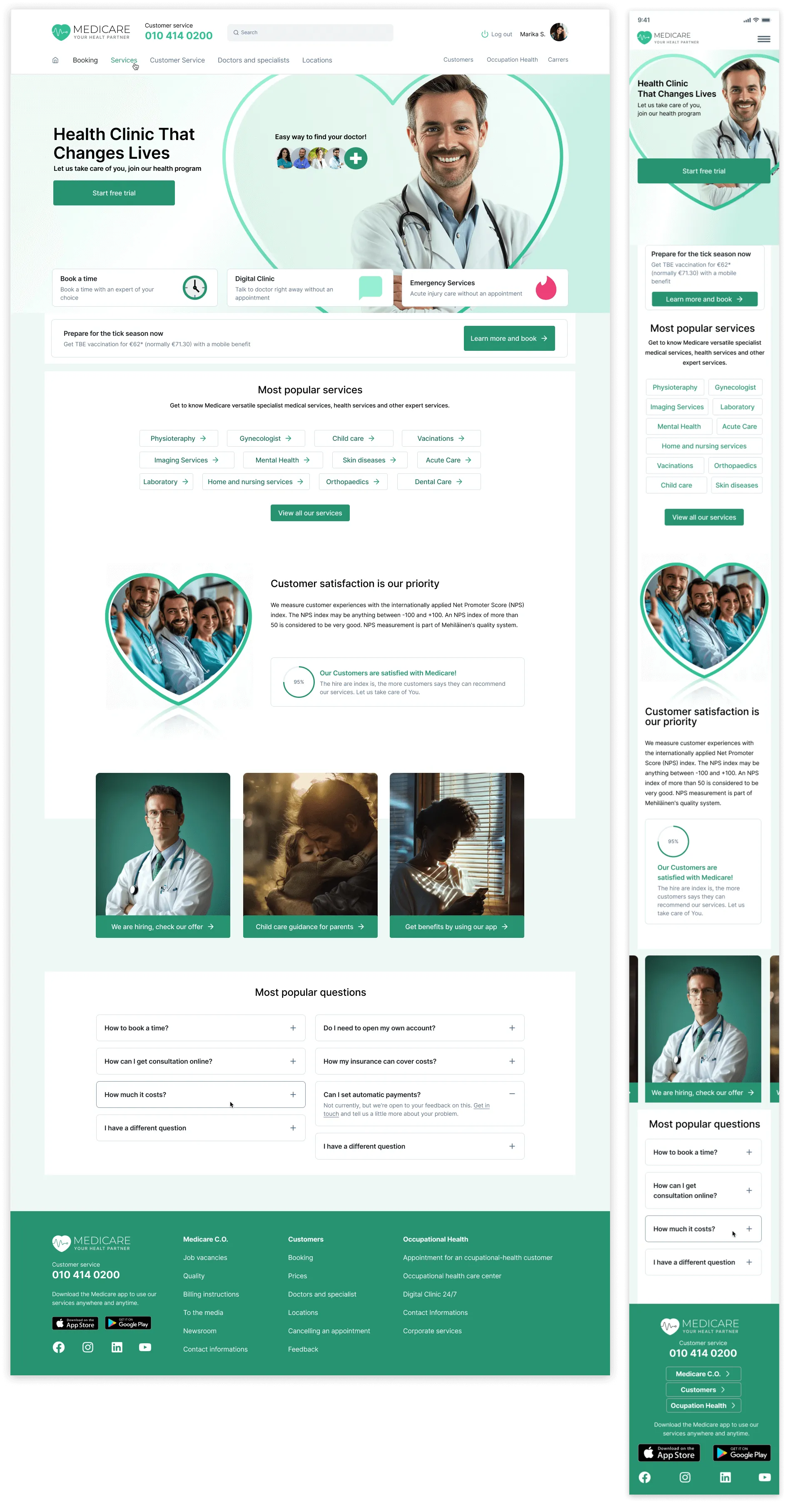 Medicare health service homepage with doctor image, navigation menu, popular services, customer satisfaction section, FAQs, and footer with contact info and app download links.
