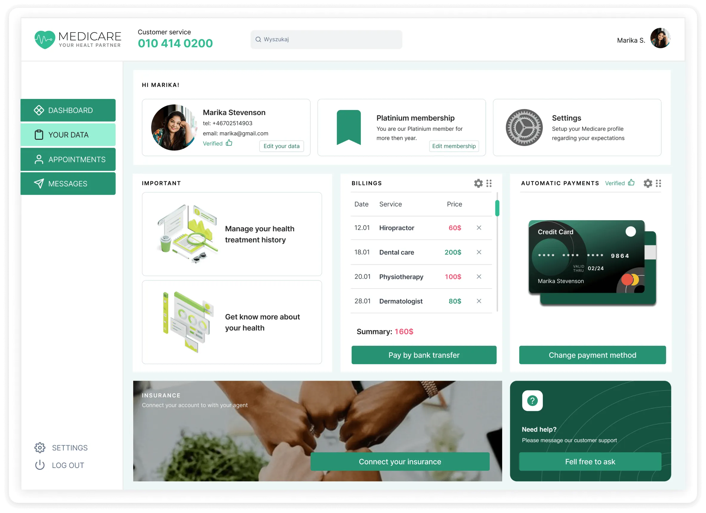 Medicare health dashboard showing user profile, platinum membership, health management options, billing summary, automatic payments with credit card image, insurance connection, and customer support.