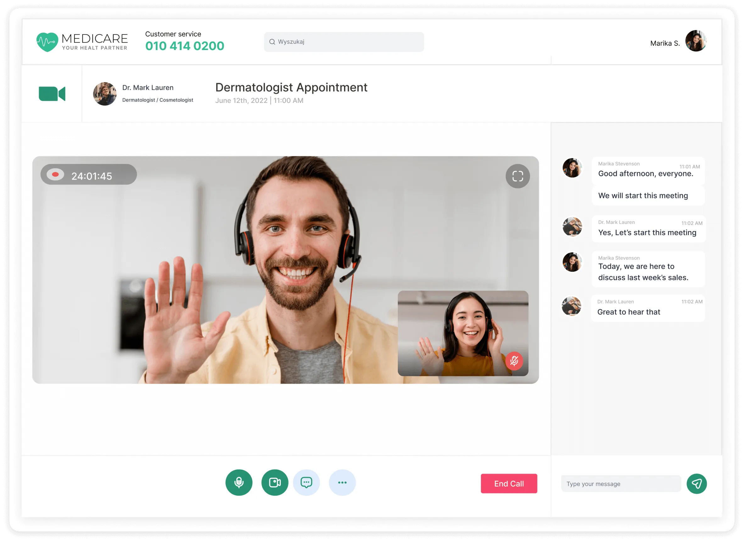 Video call screen showing a dermatologist appointment with Dr. Mark Lauren and a patient waving, alongside a chat sidebar with meeting messages.