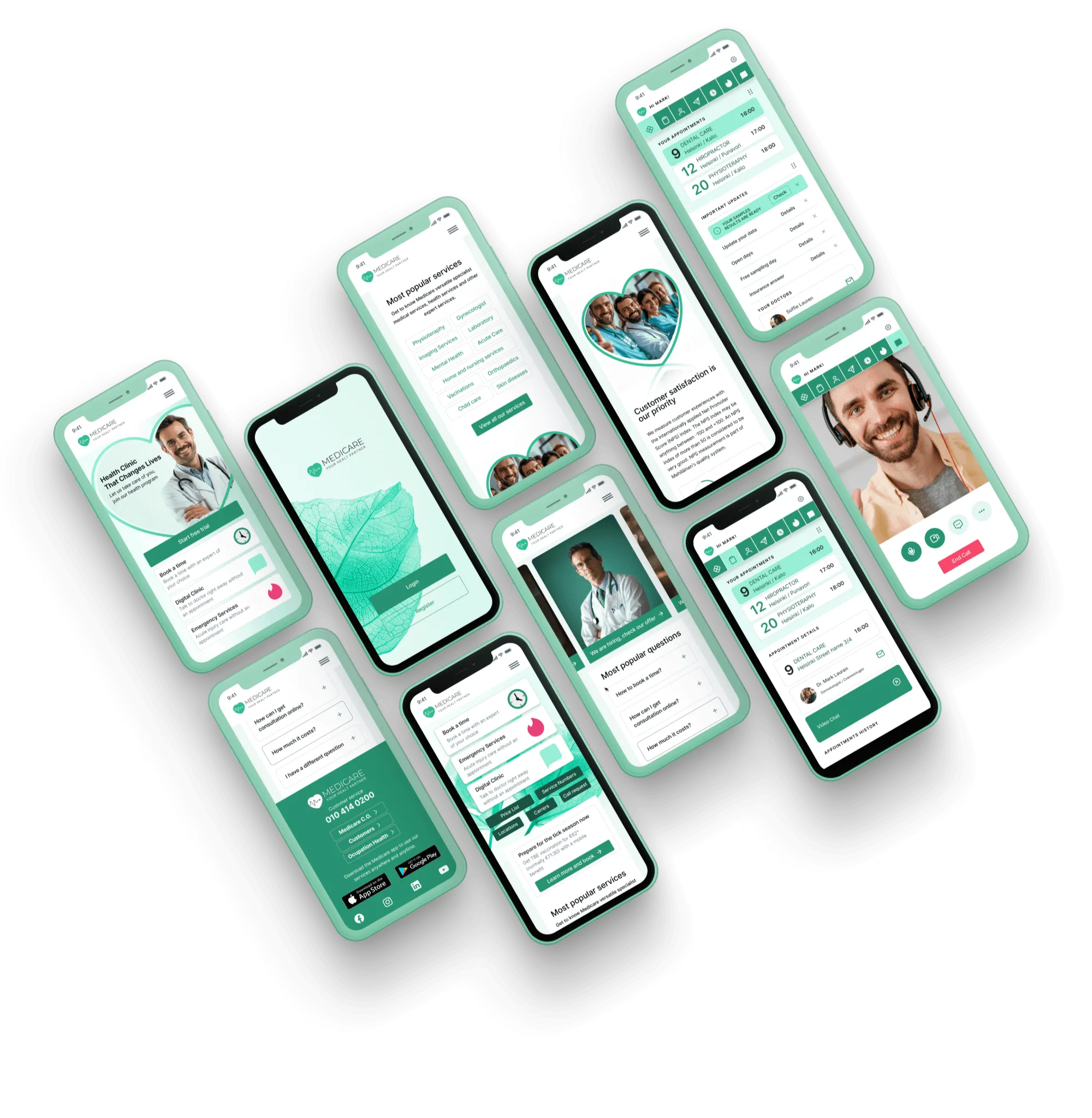 Collage of nine smartphones displaying various screens of a Medicare health app, including login, appointment booking, popular services, doctor profiles, and video call interface.