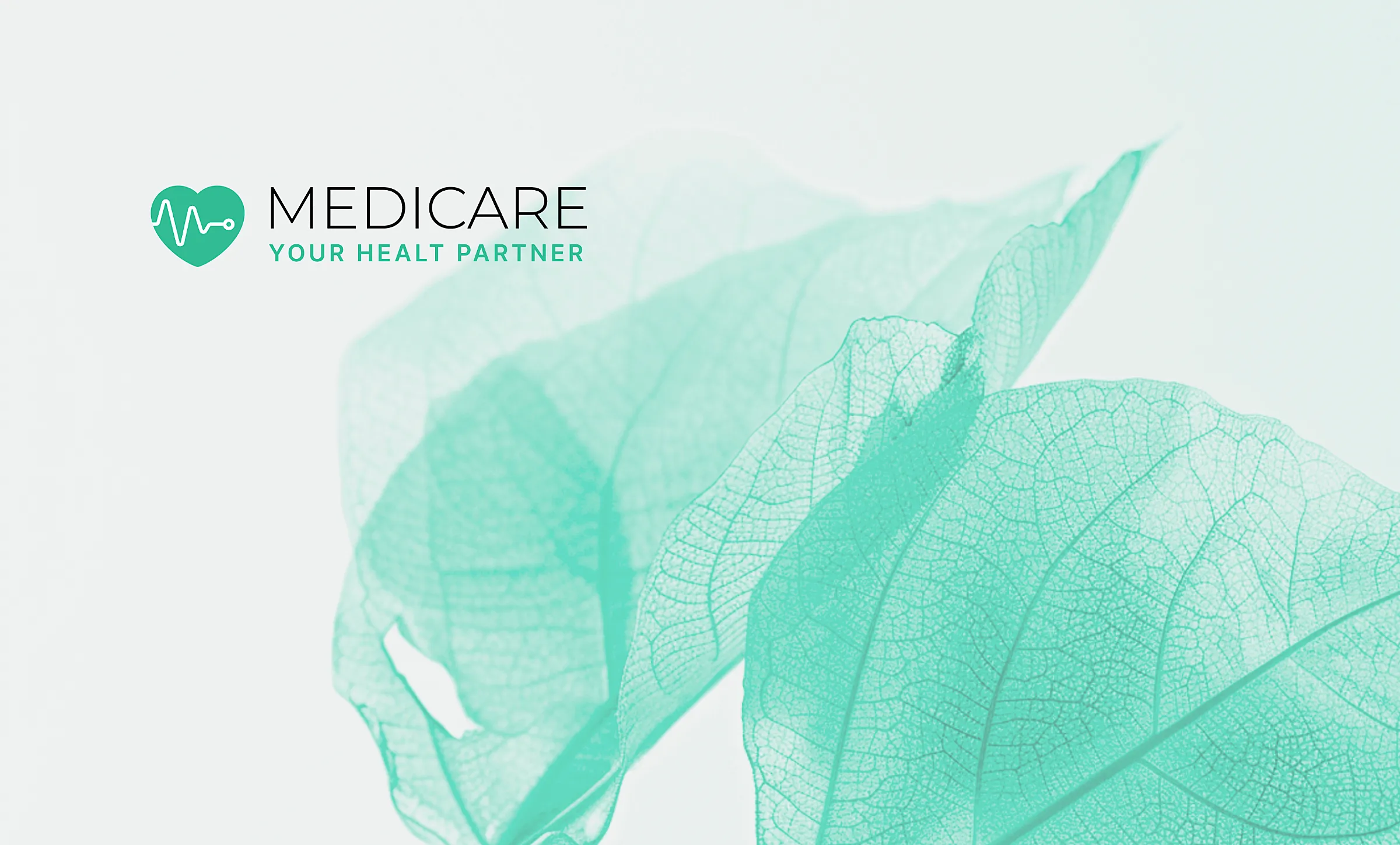 Green translucent leaves with a heart and heartbeat line logo and text reading Medicare Your Healt Partner on a light background.
