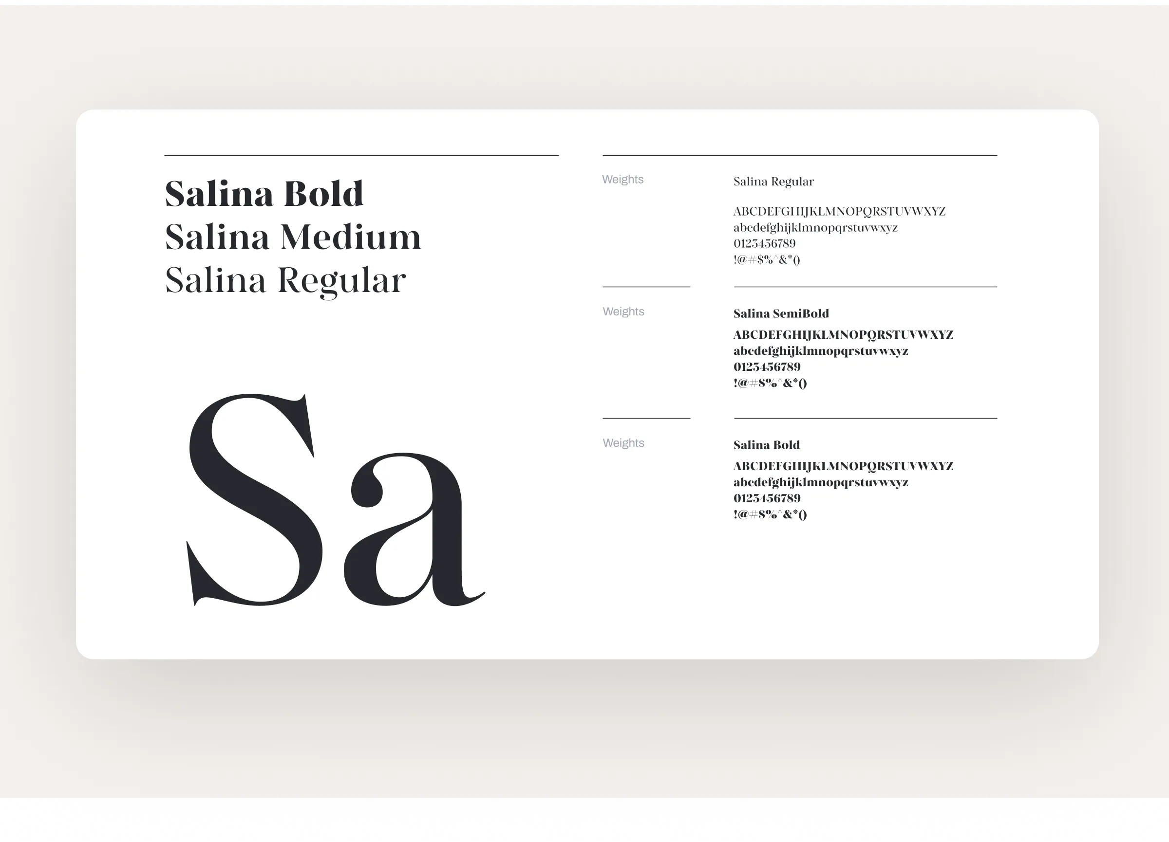 Typography sample displaying Salina font weights: Bold, Medium, Regular, SemiBold with uppercase, lowercase, numerals, and symbols.