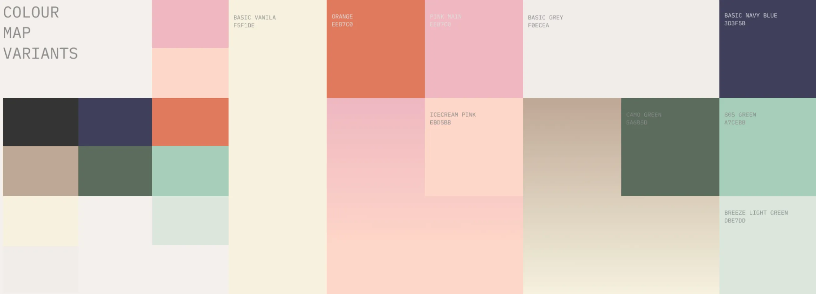 Color map variants chart showing swatches of basic vanilla, orange, pink main, basic grey, basic navy blue, icecream pink, camo green, 80s green, and breeze light green with their hex codes.