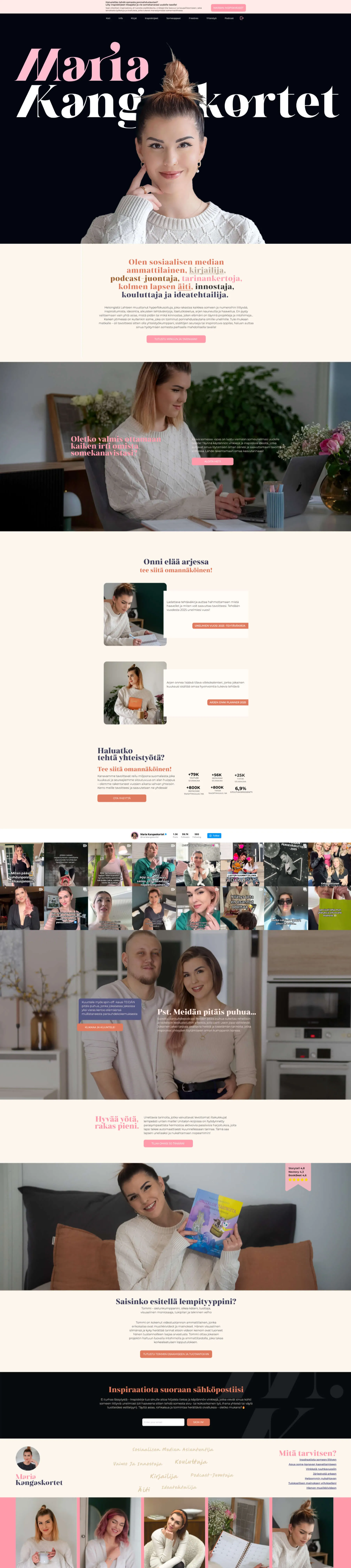Website homepage showing Maria Kangaskortet, a social media professional, author, podcast host, and mother, with sections featuring her photo, bio, blog posts, social media feed, and contact information.